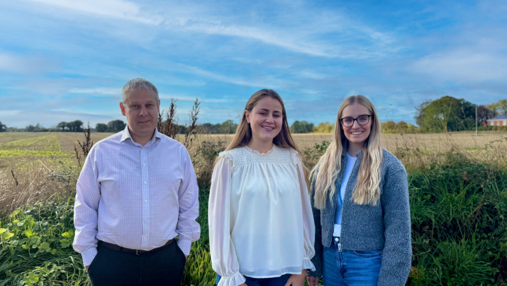 Place UK's Expansion of it's commercial team. Three sales and NPD team members standing in front of a sunny Norfolk Field.